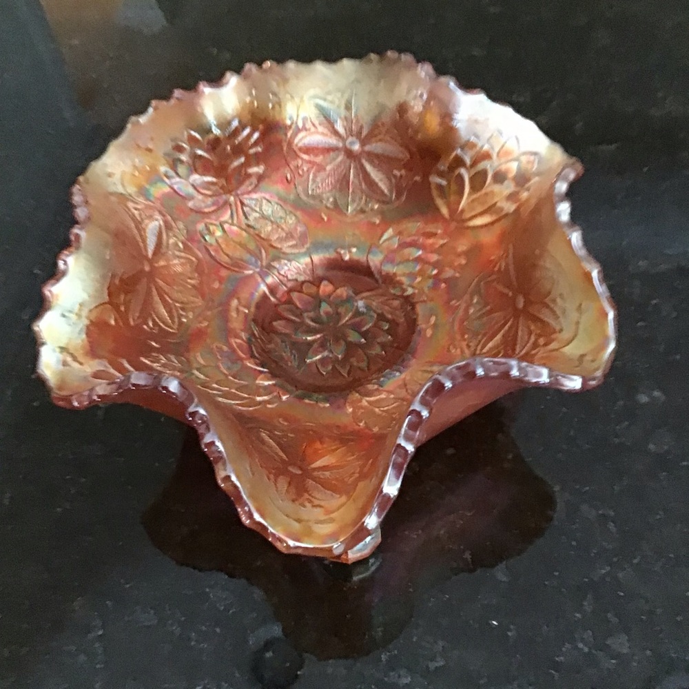 Vtg Fenton carnival Marigold Iridescent ruffled Edge Fluted Footed Candy Bowl